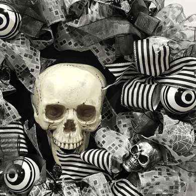 Senmasine 24Inch Halloween Skull Wreath with black ribbon Bows Eye Baubles Spooky Scary decor