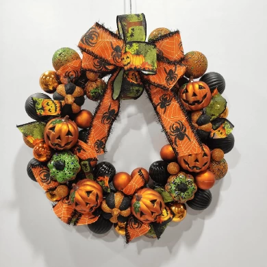 Senmasine Couronne de porte d'Halloween avec boules et nœud en ruban à suspendre, décoration DIY