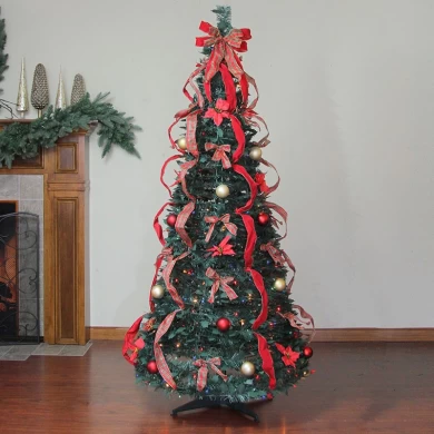 Árboles de Navidad artificiales preiluminados Senmasine de 6 pies, árbol de Navidad plegable emergente predecorado con luces y lazos de cinta roja