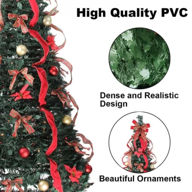Senmasine 6' Pre-Lit kunstmatige kerstbomen Vooraf gedecoreerde pop-up opvouwbare kerstboom met verlichting, rode strikken