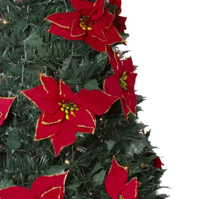 Senmasine 6' Sapin de Noël pré-éclairé Poinsettia pré-décoré Pop-Up Arbres de Noël artificiels pliables