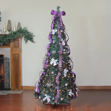 Senmasine 6 英尺预亮紫色丝带银色蝴蝶结预装饰人造圣诞弹出圣诞树带灯