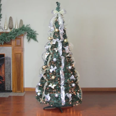 Senmasine Lazos de cinta plateada de 6 pies, adornos dorados, árbol de Navidad artificial preiluminado emergente con luces