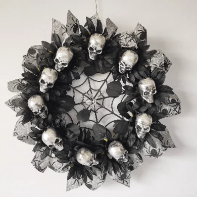 Senmasine Corona de esqueleto de Halloween espeluznante de 24 pulgadas con lazo de cinta negra, telaraña, decoración colgante para puerta delantera