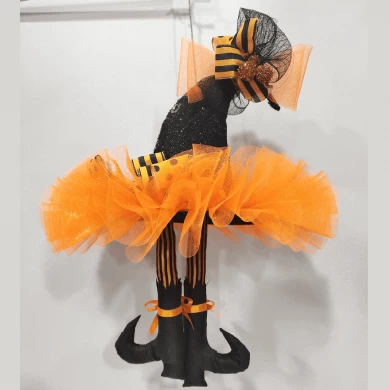 Senmasine Chapeau d'Halloween à paillettes de 55,9 cm avec jambe de sorcière en maille orange pour porte d'entrée, décoration à suspendre
