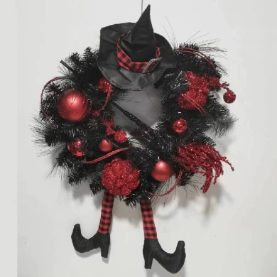 Senmasine Grinalda de perna de bruxa de Halloween de 24 polegadas com enfeites de glitter vermelho, chapéu de vassoura de abóbora, decoração suspensa da porta da frente