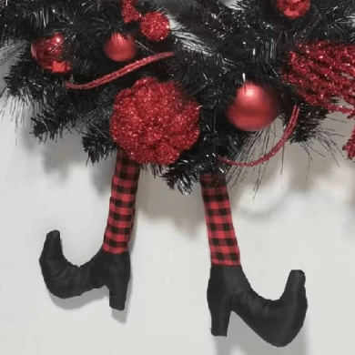 Senmasine Couronne de jambe de sorcière d'Halloween de 61 cm avec boules à paillettes rouges, chapeau de balai de citrouille, décoration à suspendre pour porte d'entrée