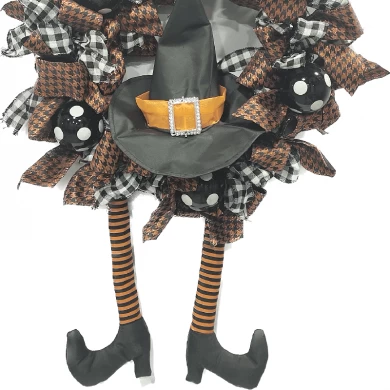 Senmasine 24-Zoll-Halloween-Hexenbeinkranz mit Hut, Band, Schleifen, Kugeln, Kugeln zum Aufhängen an der Tür