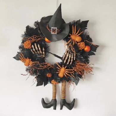 Senmasine 24 Inch Halloween Legs Wreaths With Baubles Glitter Spider Broom Witch Hat skeleton Hand front Door Decor