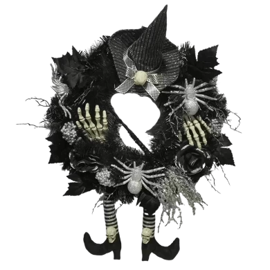 Senmasine-coronas de patas de Halloween de 24 pulgadas con adornos, purpurina, escoba de araña, sombrero de bruja, mano esquelética, decoración para puerta delantera