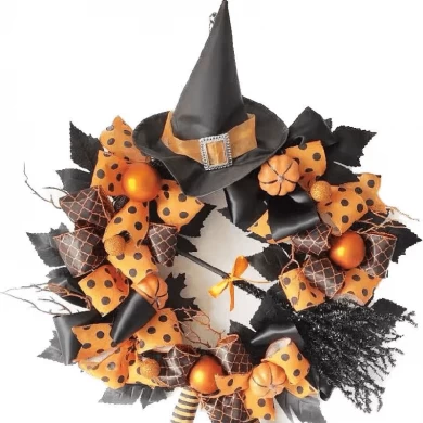 Senmasine 24-calowy wieniec na Halloween z nogami czarownicy pomarańczowe kokardki bombki dyniowe brokatowa miotła wisząca dekoracje na frontowe drzwi