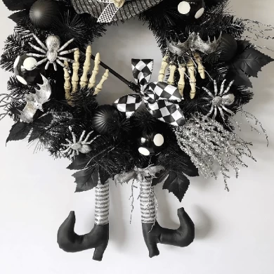 Senmasine Couronne de jambes de sorcière d'Halloween de 61 cm avec chapeau, tête de squelette d'araignée, décoration avec nœud de balai à paillettes