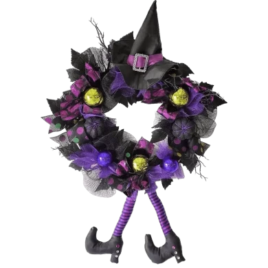 Senmasine Corona de Halloween de 24 pulgadas con pierna, sombrero de bruja, adornos con purpurina, malla negra, lazos morados, decoración para colgar en la puerta delantera