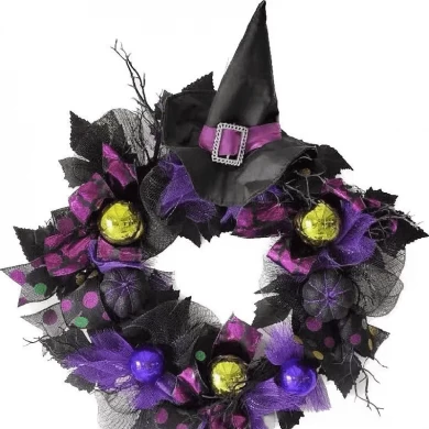 Senmasine 24-дюймовый венок на Хэллоуин с ножкой, шляпа ведьмы, блестящие безделушки, черная сетка, фиолетовые банты, подвесной декор для входной двери