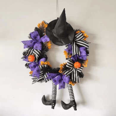 Senmasine 24 Inch Halloween Witch Legs Front Door Wreath With hat Artificial Maple Leaves Pumpkin Purple Spider Pattern Bow
