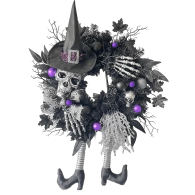 Senmasine Corona de piernas de bruja de Halloween de 24 pulgadas con lazo de araña Escoba con purpurina Sombrero de mano con cabeza de esqueleto espeluznante y aterrador