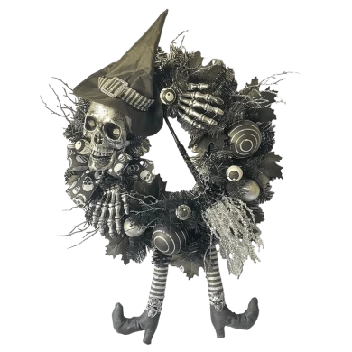 Senmasine Couronne de jambes de sorcière d'Halloween de 61 cm avec nœud d'araignée, balai à paillettes, tête de squelette effrayante, chapeau à main