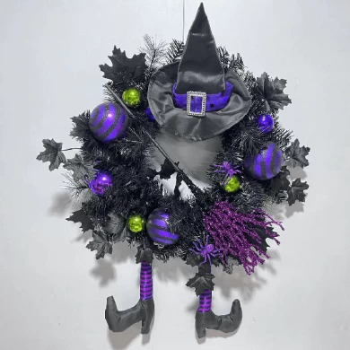 Senmasine Couronne de sorcière violette d'Halloween de 61 cm avec chapeau de jambe, boules à paillettes, balai à suspendre, décoration de porte d'entrée