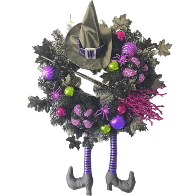 Senmasine - Ghirlanda viola da strega di Halloween da 24 pollici, con cappello sulla gamba, palline glitterate, scopa da appendere, decorazione per la porta d'ingresso