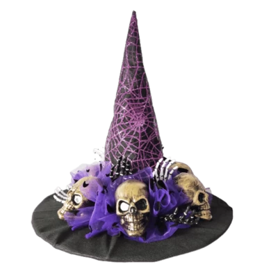 Chapéu de bruxa Senmasine Halloween com cabeça de esqueleto mão folhas artificiais pretas galho morto
