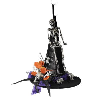 Senmasine Halloween-Hexenhut mit Skelettkopf, Hand, schwarzen künstlichen Blättern, toter Zweig