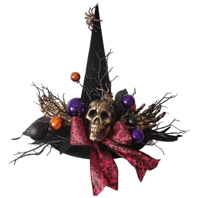 Senmasine Cappello da strega di Halloween con testa di scheletro Mano nera Foglie artificiali Ramo morto