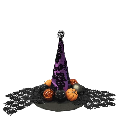 Senmasine Halloweenowy kapelusz czarownicy z głową szkieletu, brokatową wstążką, kokardkami, upiorna dekoracja stołu