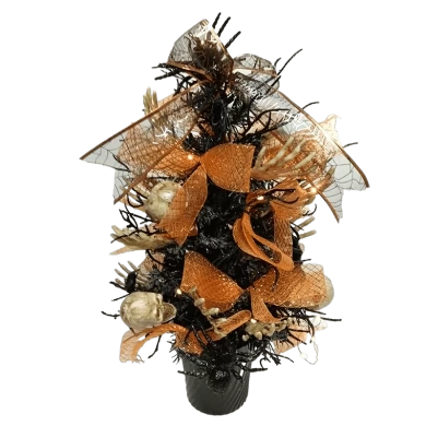 Senmasine Albero in vaso di Halloween con fiocco glitterato Foglie verdi artificiali Bacche arancioni Decorazioni per la tavola Occhi spettrali