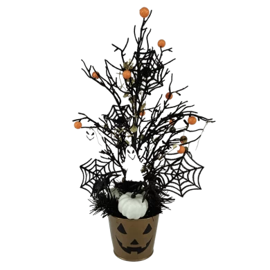 Senmasine Halloween doniczkowe drzewo z brokatową kokardką sztuczne zielone liście pomarańczowe jagody upiorny wystrój stołu
