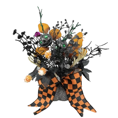 Senmasine Decoração de abóbora de Halloween com laços de fita brilhantes, folhas pretas artificiais, galho de aranha
