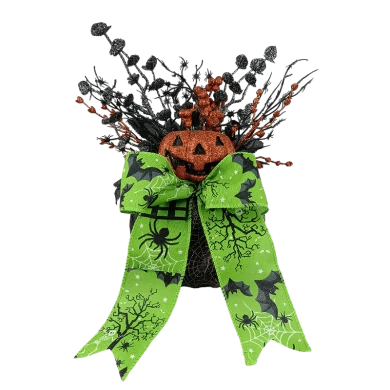 Senmasine Halloweenowa dekoracja dyniowa z brokatowymi kokardkami ze wstążki Sztuczne czarne liście Gałęzie pająka