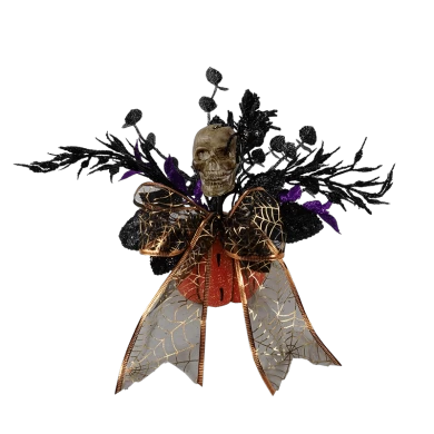 Senmasine Decoração de abóbora de Halloween com laços de fita brilhantes, folhas pretas artificiais, galho de aranha