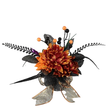 Senmasine zucca di Halloween nera con foglie nere artificiali, ramo, mini ragno, bacche arancioni glitterate