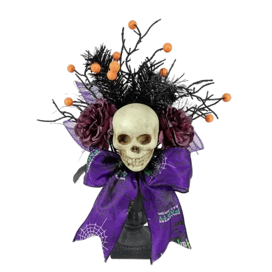 Senmasine Decorazione teschio di Halloween con scheletro glitterato Ramo morto nero Grandi fiori artificiali di rosa