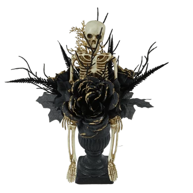 زينة جمجمة سينماسين للهالوين مع هيكل عظمي لامع أسود فرع ميت زهور صناعية كبيرة