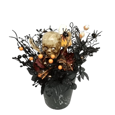 Senmasine Halloweenowa dekoracja czaszki ze szkieletowym brokatem, czarną, martwą gałęzią, sztucznymi dużymi kwiatami róży
