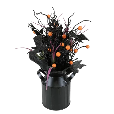 Senmasine 万圣节投手布置，配有黑色人造树叶、树枝和橙色浆果餐桌派对装饰