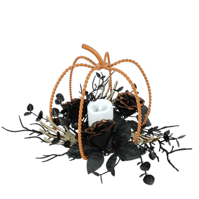Candelabro Senmasine de Halloween con cabezas de esqueleto, ramas muertas negras, hojas artificiales, flores rosas