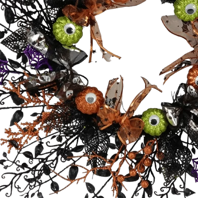Senmasine Couronne d'Halloween pour porte d'entrée de 66 cm pour décoration à suspendre Branche noire Feuilles artificielles Yeux effrayants Fleurs Citrouille