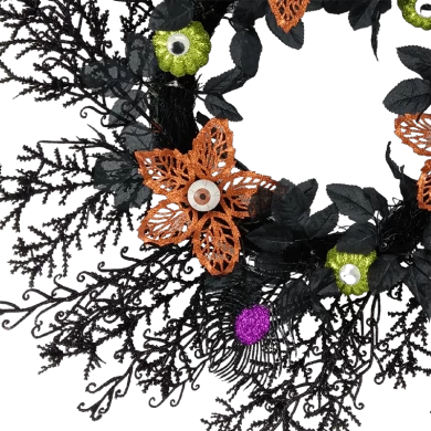 Senmasine Couronne d'Halloween pour porte d'entrée de 66 cm pour décoration à suspendre Branche noire Feuilles artificielles Yeux effrayants Fleurs Citrouille