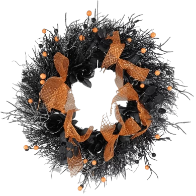 Senmasine 22 インチ リース ハロウィン用 ブラック 造花 バラの花 枯れ枝の葉 オレンジ リボン リボン