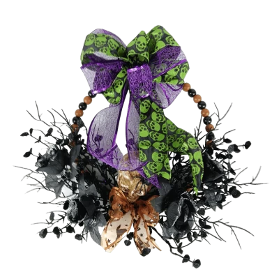 Senmasine 20 Inch Halloween Bead Wreath With Artificial Flowers Rose Ribbon Bows Black Purple Dead Branch