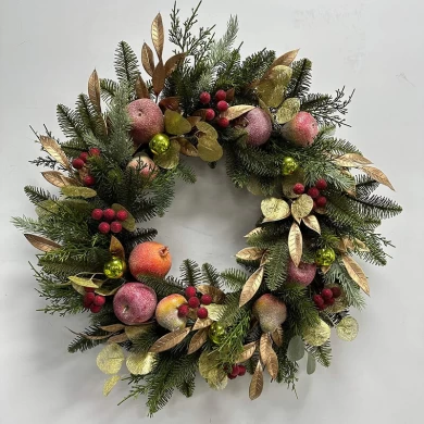 Senmasine 26 Inch Christmas Fruit wreath With red berry gold leaves pine needle branch front door hanging decor