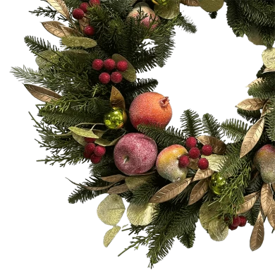 Corona de frutas navideñas Senmasine de 26 pulgadas con hojas doradas de frutos rojos, rama de aguja de pino, decoración colgante para puerta delantera