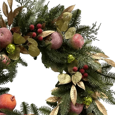 Senmasine 26-calowy świąteczny wieniec owocowy z czerwonymi jagodowymi złotymi liśćmi igieł sosnowych, wiszący wystrój przednich drzwi