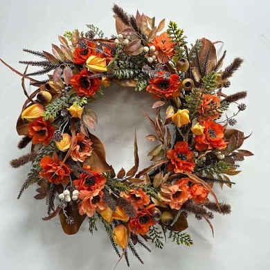 Corona de otoño de flores artificiales de Papaver Senmasine de 24 pulgadas para colgar en la puerta delantera decoración de cosecha de otoño