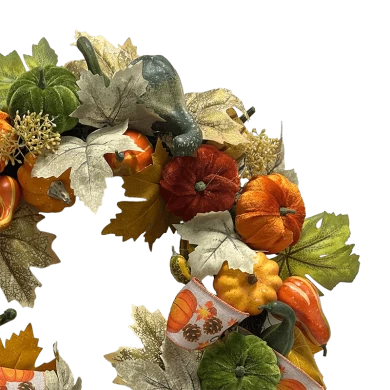 Senmasine 22 Zoll Herbst-Erntedank-Kürbiskranz mit künstlichen Blättern, Samt-Kürbisbändern, Schleifen, Herbsternte-Dekoration