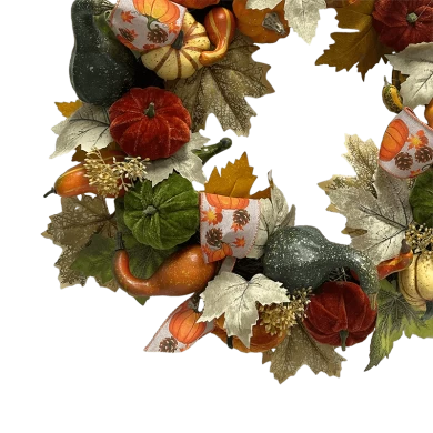 Senmasine 22 Inch Autumn Thanksgiving Pumpkin Wreath With Artificial Leaves Velvet Pumpkins Ribbon Bows Fall Harvest Decor