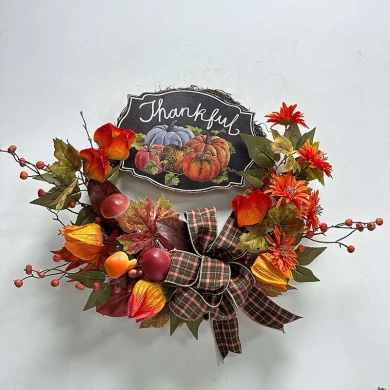Senmasine 24 インチ秋の感謝祭のリース感謝のサイン付き人工キノコの花弓秋の収穫ベリー