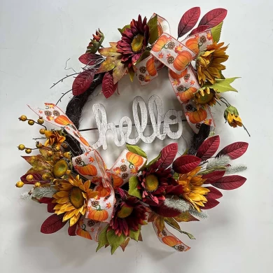 Senmasine 24-Zoll-Thanksgiving-Herbst-Ernte-Kranz mit „Hallo“-Schild, Herbst-Ernte-Blätter, Sonnenblumen-Kürbis-Muster, Schleife